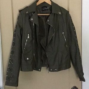 Olive Faux leather jacket with lace up detail
